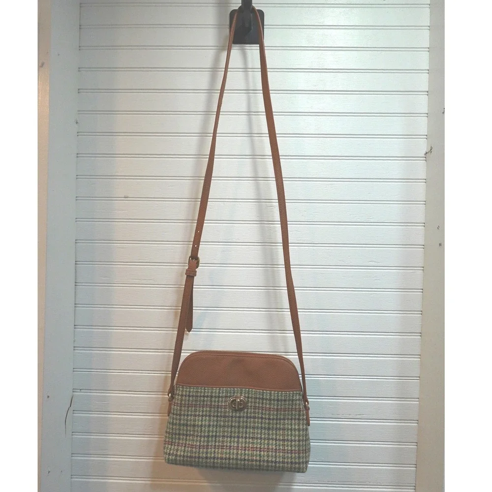 Vintage Talbots Crossbody‎ Purse Tan Leather Wool Plaid Adjustable Strap Bag
